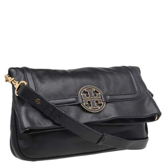Tory Burch Black Leather Amanda Foldover Black Pebble Leather Crossbody EUC - Picture 2 of 16